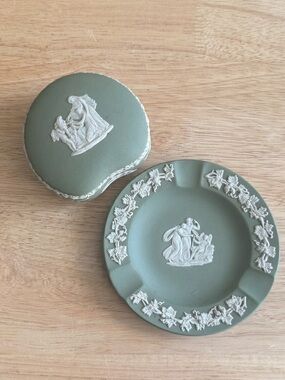 Wedgwood Celadon Green Jasperware Cupid Vanity Set Bean Box and Trinket Pin Dish